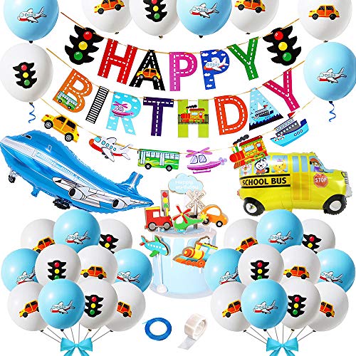 3 Años Decoración de Cumpleaños Número Rojo 3 Tema de Tráfico Decoración de Fiesta de Cumpleaños Globos de Confeti Látex para Niños Avión Tren Autobús Yate 40 Pulgadas 