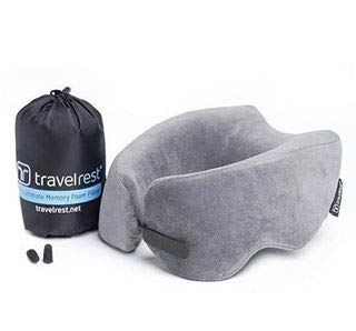 Travelrest® - Almohada de Viaje/Cuello con Espuma Viscoelástica- erapéutica, Ergonómica y Patentada- unda Lavable- La Almohada para el Cuello más cómoda- Se comprime hasta 1/4 de su tamaño