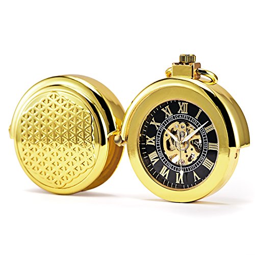 Tree weto Retro oro mecánica reloj de bolsillo Pull de forma especial hueca Caso Diseño Esqueleto Números Romanos bolsillos Relojes con cadena y caja de regalo