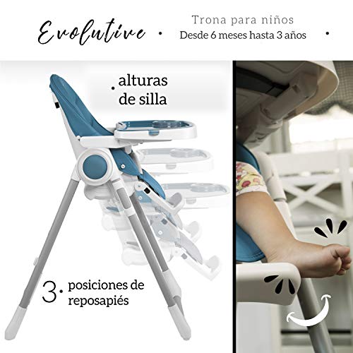 Trona para Bebe Evolutiva, Ajustable y Plegable - 7 Alturas Diferentes, Respaldo para Niño Reclinable 5 Posiciones, Bandeja Extraíble mediante Clip (Limpieza Sencilla), Cojín Bebé Confort