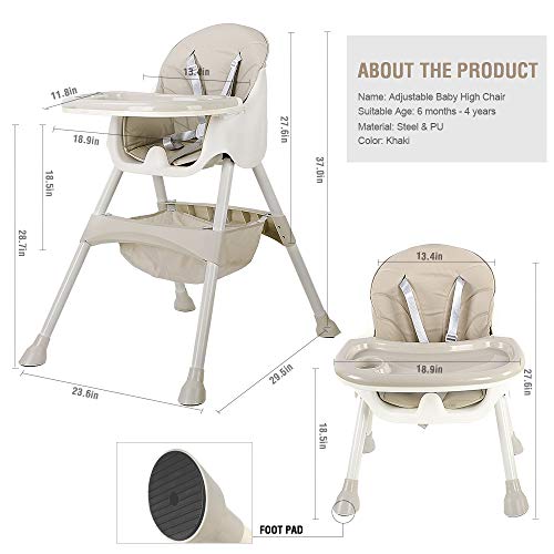 Trona para bebés y niños pequeños: con bandeja extraíble, arnés de 5 piontes y patas de altura ajustable, Silla de comedor portátil para niños y niñas - Kahaki