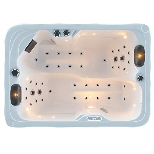 Tronitechnik LEVANZO - Jacuzzi para exterior, 195 x 135 cm, con calefacción, hidromasaje, Bluetooth y terapia de luz, de color blanco, inkl. Thermoabdeckung & Treppe