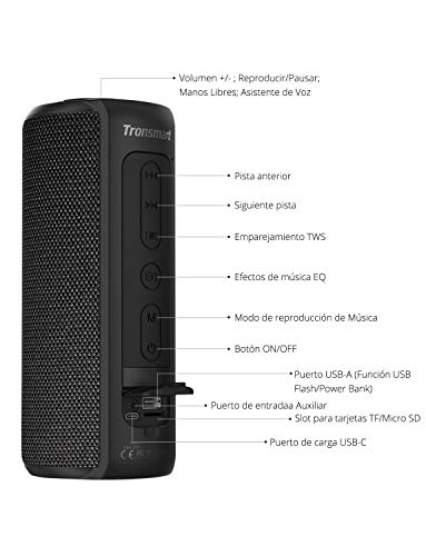 Tronsmart T6 Plus Altavoces Bluetooth 40W, Altavoz Portatiles Waterproof IPX6 con Powerbank, 15 Horas de Reproducción, Sonido Estéreo TWS, Efecto de Triple Bajo, Speaker Bluetooth 5.0 y Manos Libres