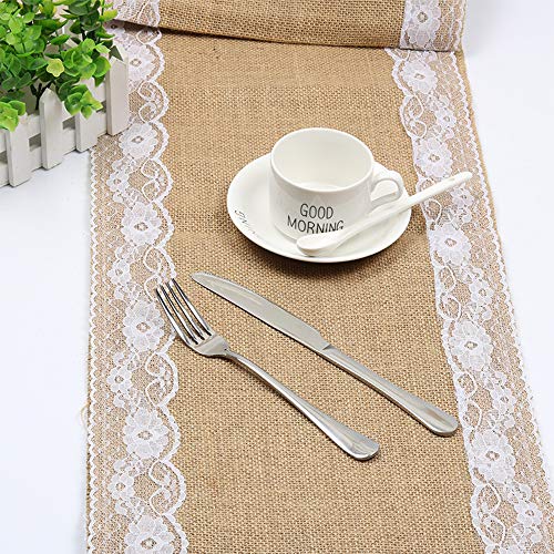 TRUBUY Camino de Mesa Burlap Yute, Mantel de Encaje de Arpillera Rústico Natural Decoración de Mesa para Boda Fiesta Navidad Festival, 30 x 275 cm (2 Piezas)