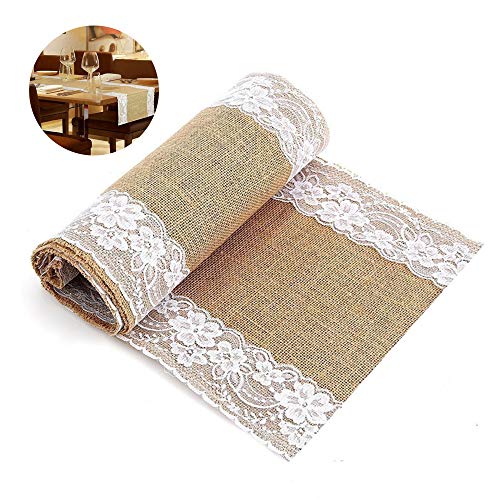 TRUBUY Camino de Mesa Burlap Yute, Mantel de Encaje de Arpillera Rústico Natural Decoración de Mesa para Boda Fiesta Navidad Festival, 30 x 275 cm (2 Piezas)