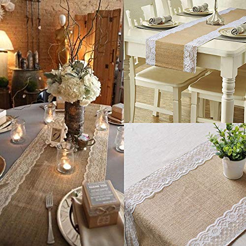 TRUBUY Camino de Mesa Burlap Yute, Mantel de Encaje de Arpillera Rústico Natural Decoración de Mesa para Boda Fiesta Navidad Festival, 30 x 275 cm (2 Piezas)