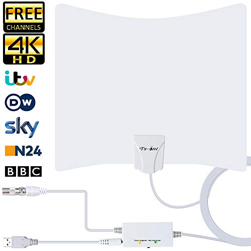 TS-ant Última Versión Antena de TV, Blanco Antena de TV Interior, Señal Amplificador de Cable Coaxial de 5M,Visualización Gratuita Canales 4H 1080P VHF UHF, Antena de TV Digital HD de Alcance de 130KM