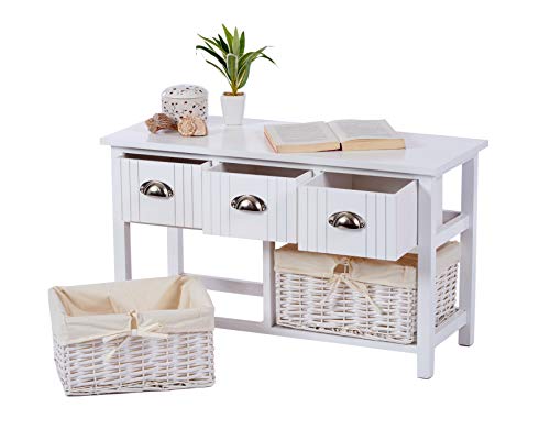 ts-ideen Banco para Pasillo estilo Country Blanco con 3 cajones y 2 cestas de mimbre