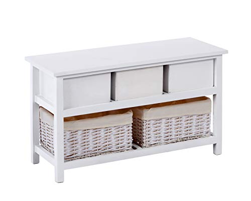 ts-ideen Banco para Pasillo estilo Country Blanco con 3 cajones y 2 cestas de mimbre