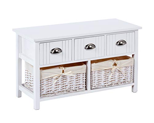 ts-ideen Banco para Pasillo estilo Country Blanco con 3 cajones y 2 cestas de mimbre