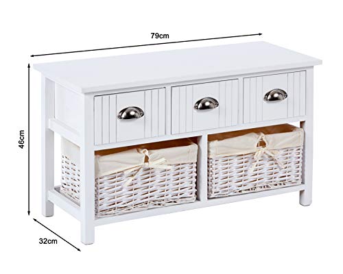 ts-ideen Banco para Pasillo estilo Country Blanco con 3 cajones y 2 cestas de mimbre
