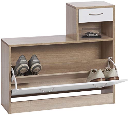 ts-ideen Juego de 3 Piezas Perchero Espejo y banco zapatero para pasillo com cajón de accesorios. Blanco y Roble Sónoma