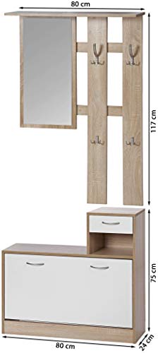 ts-ideen Juego de 3 Piezas Perchero Espejo y banco zapatero para pasillo com cajón de accesorios. Blanco y Roble Sónoma