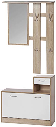 ts-ideen Juego de 3 Piezas Perchero Espejo y banco zapatero para pasillo com cajón de accesorios. Blanco y Roble Sónoma