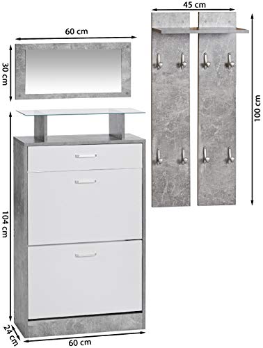 ts-ideen Juego de Perchero doble Espejo Zapatero Extra Delgado 2 Compartimientos con Cajón para accesorios. Blanco y Gris Cemento