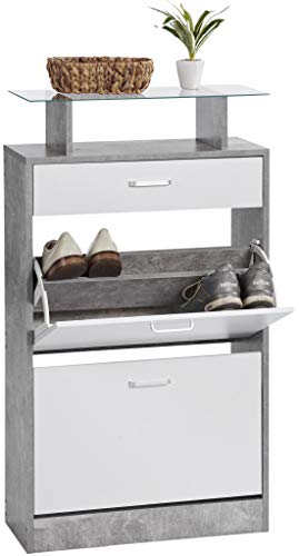 ts-ideen Juego de Perchero doble Espejo Zapatero Extra Delgado 2 Compartimientos con Cajón para accesorios. Blanco y Gris Cemento