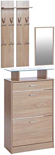 ts-ideen Juego de Perchero doble Espejo Zapatero Extra Delgado 2 Compartimientos con Cajón para accesorios. Roble Sonoma