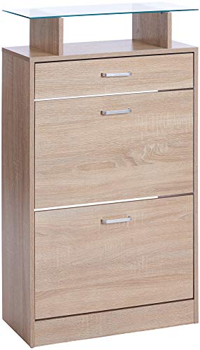 ts-ideen Juego de Perchero doble Espejo Zapatero Extra Delgado 2 Compartimientos con Cajón para accesorios. Roble Sonoma