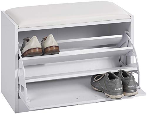 ts-ideen Zapatero Cofre para Zapatos en Blanco Efecto Madera Estilo Moderno con Almohada y Compartimiento con Puerta basculante