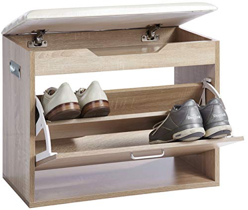 ts-ideen Zapatero Cofre para Zapatos en Roble Sonoma Estilo Moderno con Almohada Blanca, Compartimiento con Puerta basculante y Compartimiento para acesorios