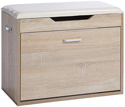 ts-ideen Zapatero Cofre para Zapatos en Roble Sonoma Estilo Moderno con Almohada Blanca, Compartimiento con Puerta basculante y Compartimiento para acesorios