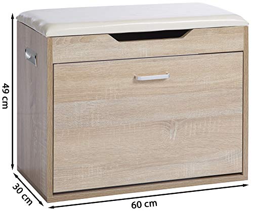 ts-ideen Zapatero Cofre para Zapatos en Roble Sonoma Estilo Moderno con Almohada Blanca, Compartimiento con Puerta basculante y Compartimiento para acesorios