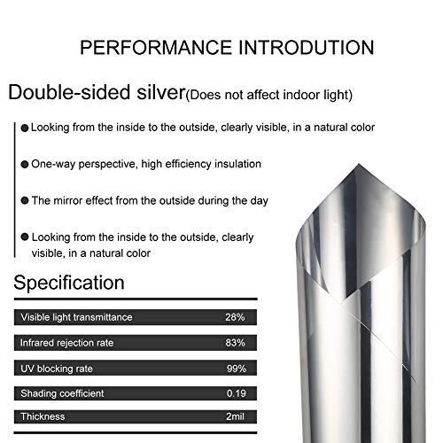 TTMOW Vinilo Pet Película Adhesiva Lámina de Espejo para Ventanas Cristal Unidireccional Protector de Privacidad Anti 99% UV y Anti 85% IR para Hogar y Oficina (60 * 200cm)