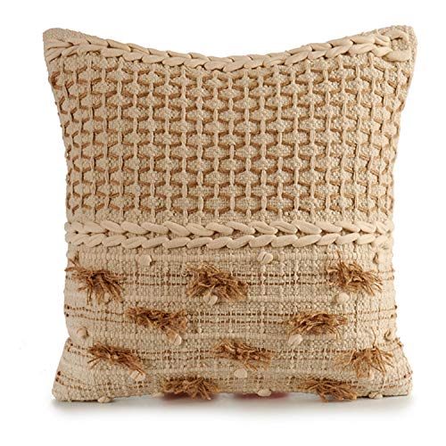 TU TENDENCIA UNICA Cojín Decorativo de Punto Beige con Motivos y borlas de algodón en Beige y marrón. Medidas: 45x15x45 cm