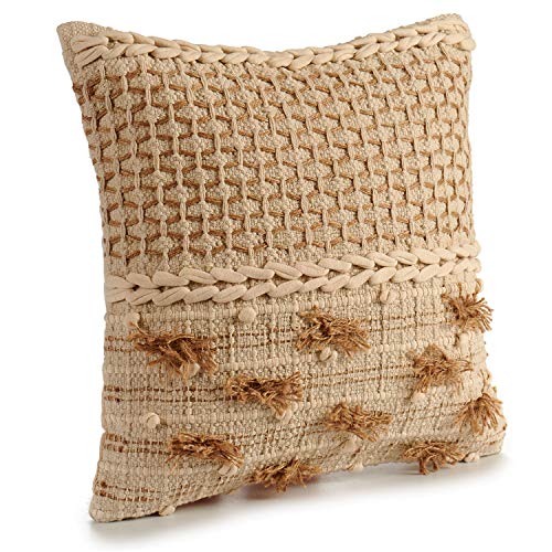 TU TENDENCIA UNICA Cojín Decorativo de Punto Beige con Motivos y borlas de algodón en Beige y marrón. Medidas: 45x15x45 cm