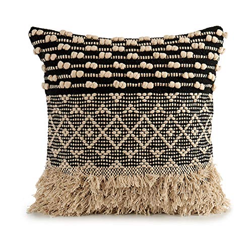 TU TENDENCIA UNICA Cojín Decorativo de Punto Negro con Motivos de algodón en Beige y Negro. Medidas: 45x15x45 cm