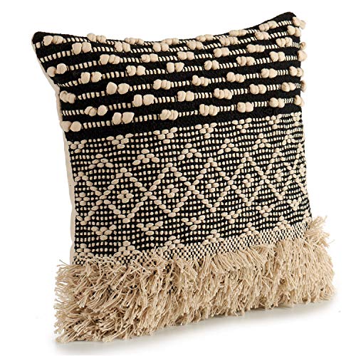 TU TENDENCIA UNICA Cojín Decorativo de Punto Negro con Motivos de algodón en Beige y Negro. Medidas: 45x15x45 cm