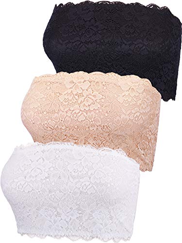 Tubo de Encaje Floral para Mujeres de 3 Piezas Sujetador Superior Sujetador Sin Tirantes Bandeau Abrigo Elástico Sin Costuras en El Pecho (Conjunto de Colores 1, Pequeño)