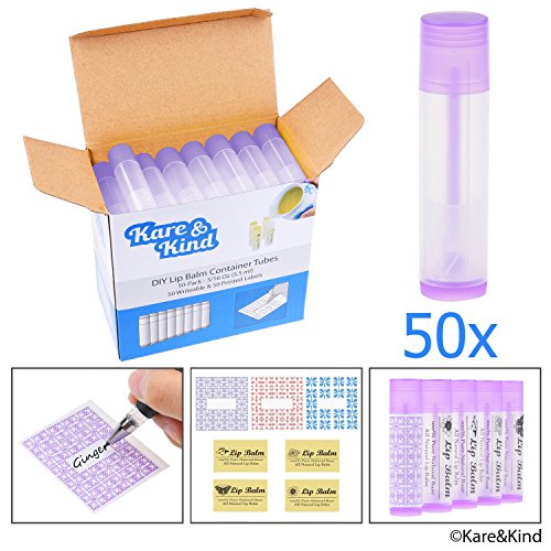 Tubos Contenedores de Bálsamo Labial – Paquete de 50x – DIY – Púrpura – 5.5 ml – 50 Etiquetas Para Escribir y 50 Impresas – Mecanismo de Torsión y una Tapa – Vacío – Haz Bálsamo Labial Natural