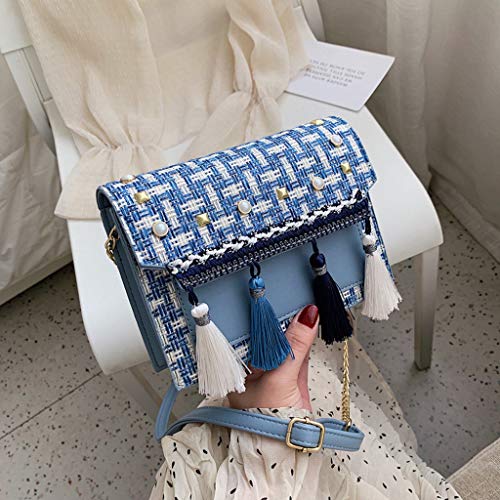 TUDUZ Bolsa De Cadena Borla De Remaches De Tejido Retro Bolso Bandolera Bolsas De Mensajero (Azul)