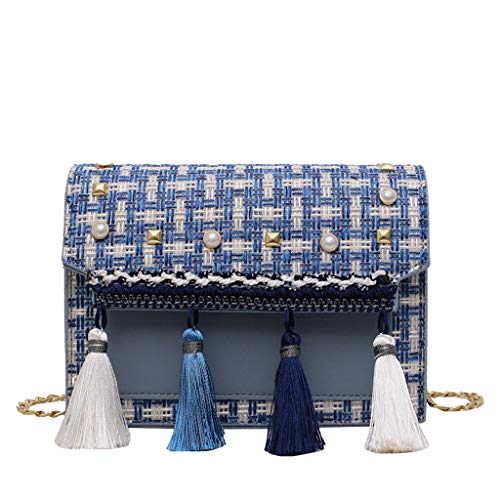 TUDUZ Bolsa De Cadena Borla De Remaches De Tejido Retro Bolso Bandolera Bolsas De Mensajero (Azul)
