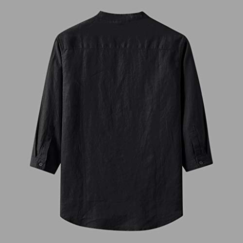 TUDUZ Camisetas Hombre Manga Larga 3/4 Color Sólido Camisas Algodon Y Lino Tops Botón Ropa De Cuello Alto (Negro, XXL)