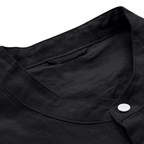 TUDUZ Camisetas Hombre Manga Larga 3/4 Color Sólido Camisas Algodon Y Lino Tops Botón Ropa De Cuello Alto (Negro, XXL)