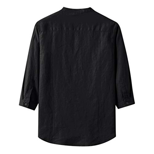 TUDUZ Camisetas Hombre Manga Larga 3/4 Color Sólido Camisas Algodon Y Lino Tops Botón Ropa De Cuello Alto (Negro, XXL)