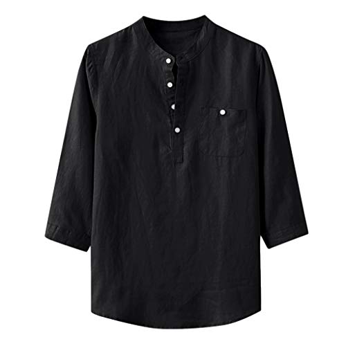 TUDUZ Camisetas Hombre Manga Larga 3/4 Color Sólido Camisas Algodon Y Lino Tops Botón Ropa De Cuello Alto (Negro, XXL)