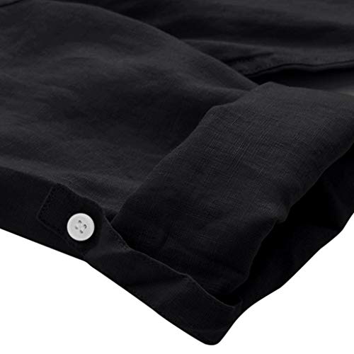TUDUZ Camisetas Hombre Manga Larga 3/4 Color Sólido Camisas Algodon Y Lino Tops Botón Ropa De Cuello Alto (Negro, XXL)
