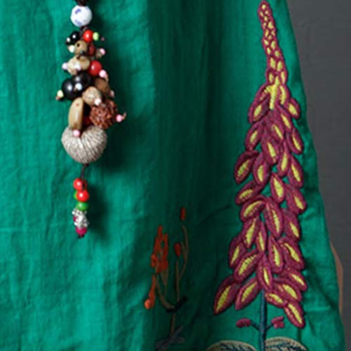 TUDUZ Vestidos Mujer Versión Coreana del Bordado Suelto Ramie Cómodo Vestido (Verde, L)