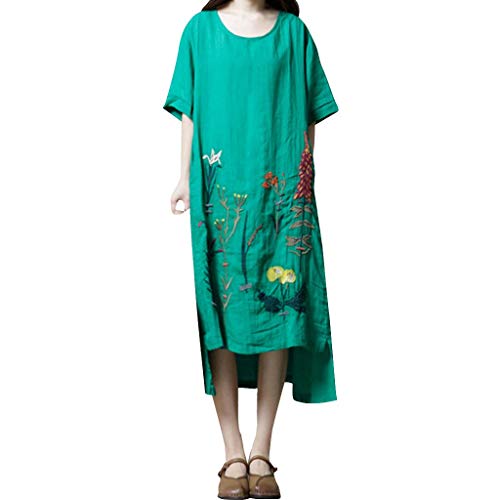 TUDUZ Vestidos Mujer Versión Coreana del Bordado Suelto Ramie Cómodo Vestido (Verde, L)