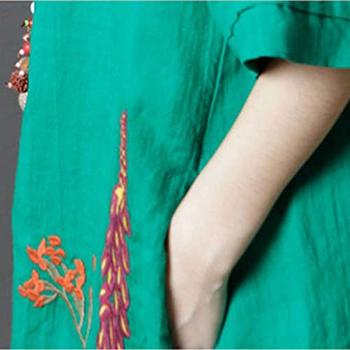 TUDUZ Vestidos Mujer Versión Coreana del Bordado Suelto Ramie Cómodo Vestido (Verde, L)