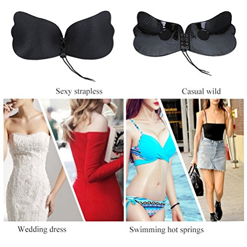 Tuopuda Sujetador Adhesivo de Silicona Reutilizable para Mujer sin Tirantes Invisible Push up sin Mujer Espalda con Cordones entrecruzados (B, Negro 1 Par)