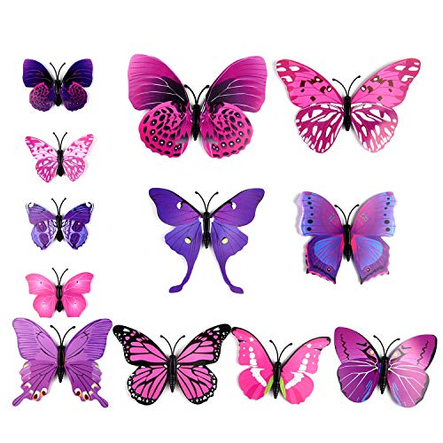 TUPARKA 36 Piezas Mariposa 3D Pegatinas de pared Mariposas de pared Accesorios para el dormitorio para niñas, Púrpura