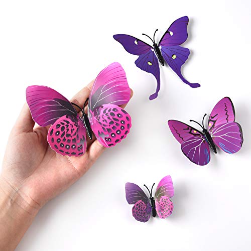 TUPARKA 36 Piezas Mariposa 3D Pegatinas de pared Mariposas de pared Accesorios para el dormitorio para niñas, Púrpura