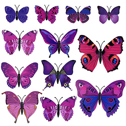 TUPARKA 36 Piezas Mariposa 3D Pegatinas de pared Mariposas de pared Accesorios para el dormitorio para niñas, Púrpura