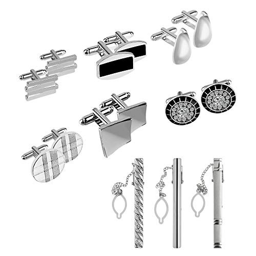 TUPARKA Set de Regalo de Gemelos y Corbatas para Hombre, Personalizados, Rayas, Gemelos de Rayas, Corbata clásica para Traje, Camisa, Tono Plateado