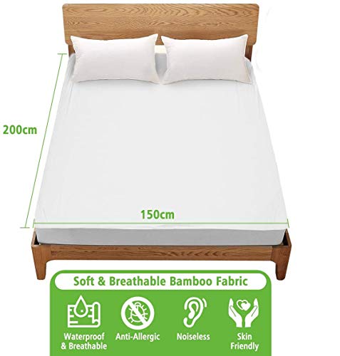 Tvird Protector de Colchón Impermeable 150x190/200cm Funda de Colchón Impermeable Cubre Colchón 150x190/200cm y Transpirable Material Fibra de Bambú Hipoalergénico Anti Ácaros Cubierta Antibacteriana