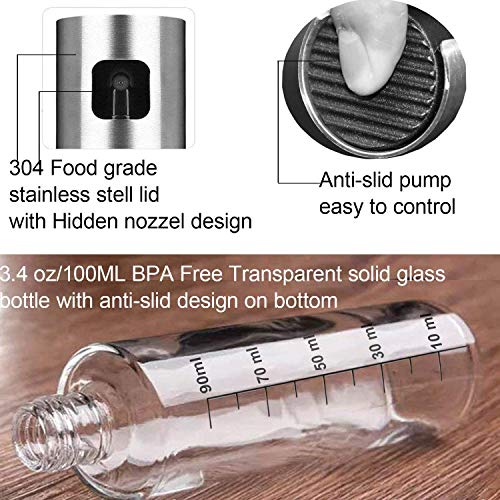 TYSO Dispensador de pulverizador de Aceite, [2 Pack] 100 ML Rociador de Aceite, Inoxidable Botella de Vidrio para cocinar/Ensalada/Hornear Pan/BBQ/Cocina